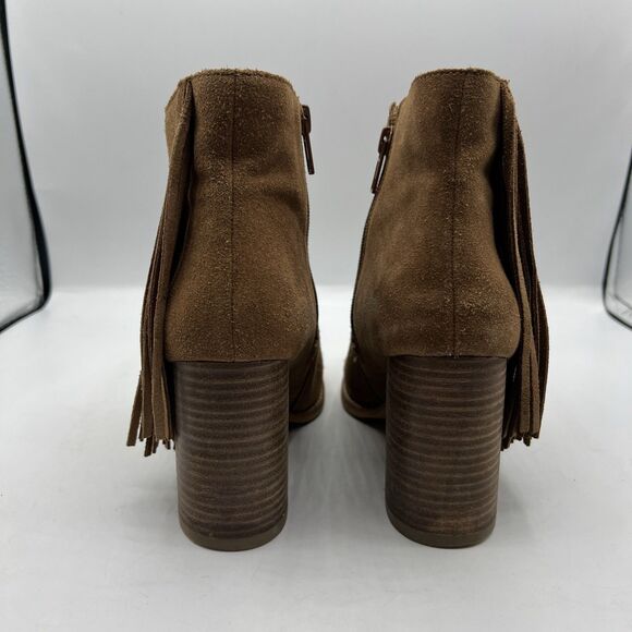 Arturo Chiang Suede Leather Fringe Chunky Heel Booties Boots Tan Camel Boho  7M - Picture 4 of 12